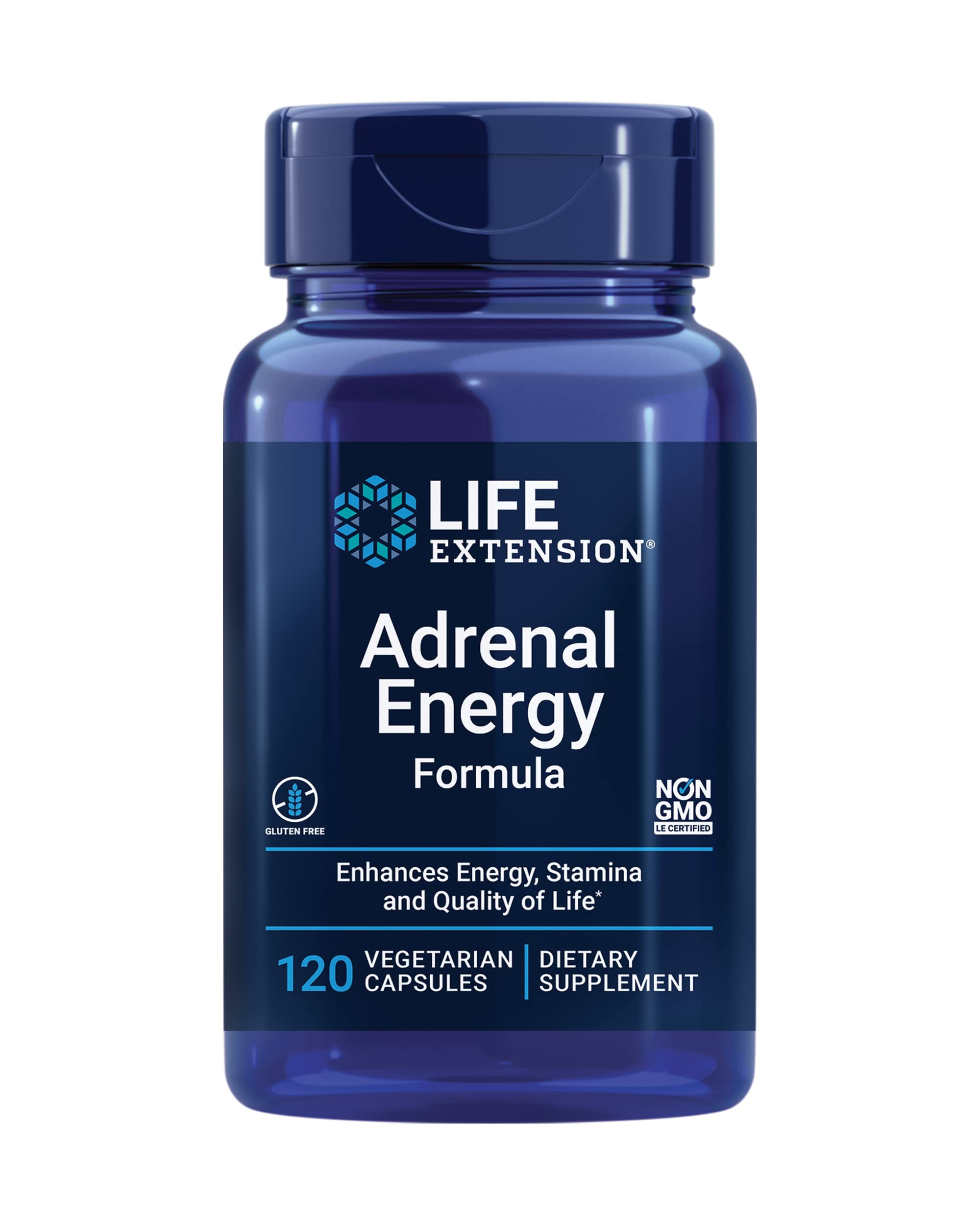 Life Extension Adrenal Energy bottle front view showing capsules for daily stress support