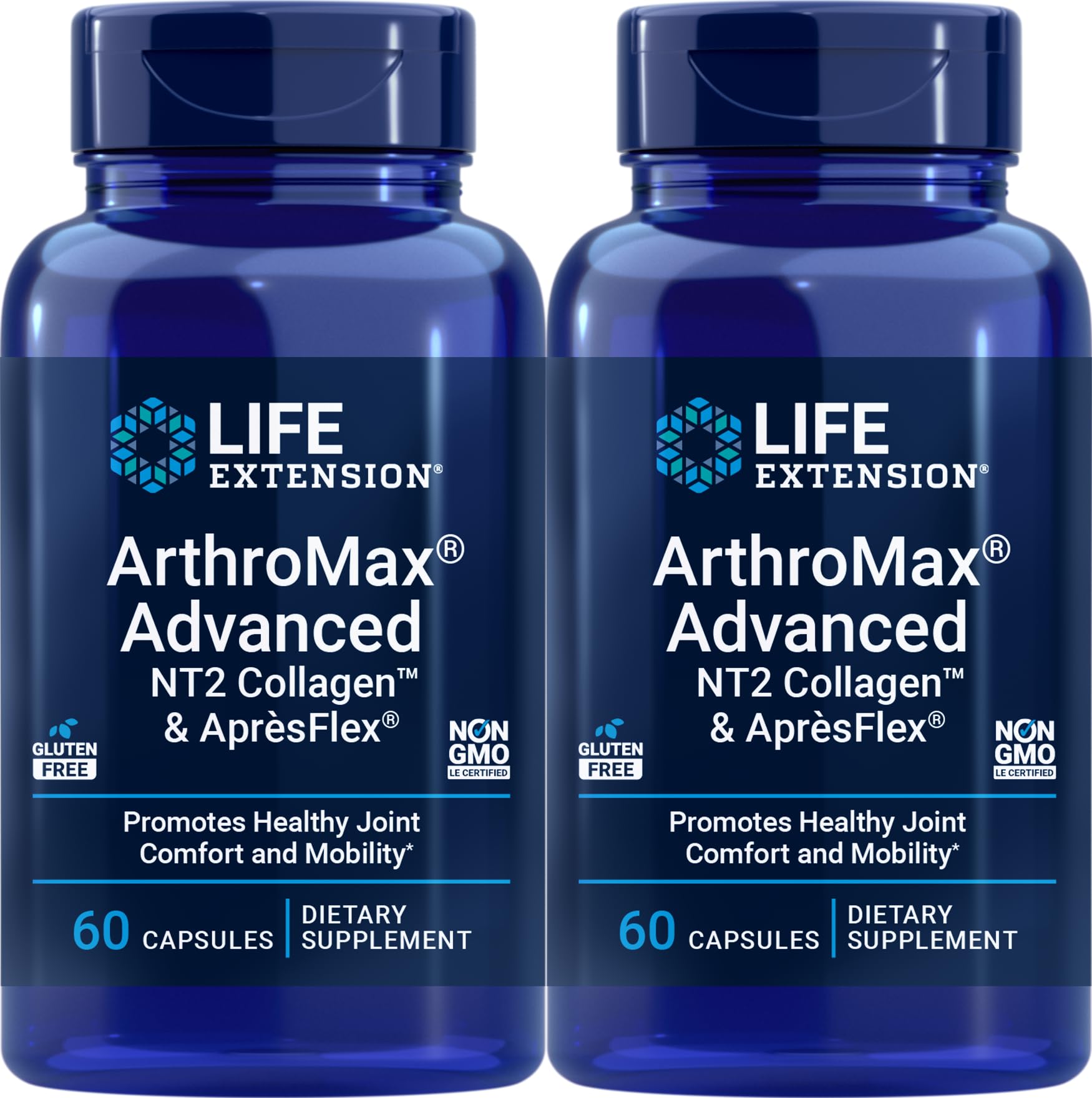 Life Extension ArthroMax Advanced bottle with NT2 Collagen and ApresFlex for daily joint support.