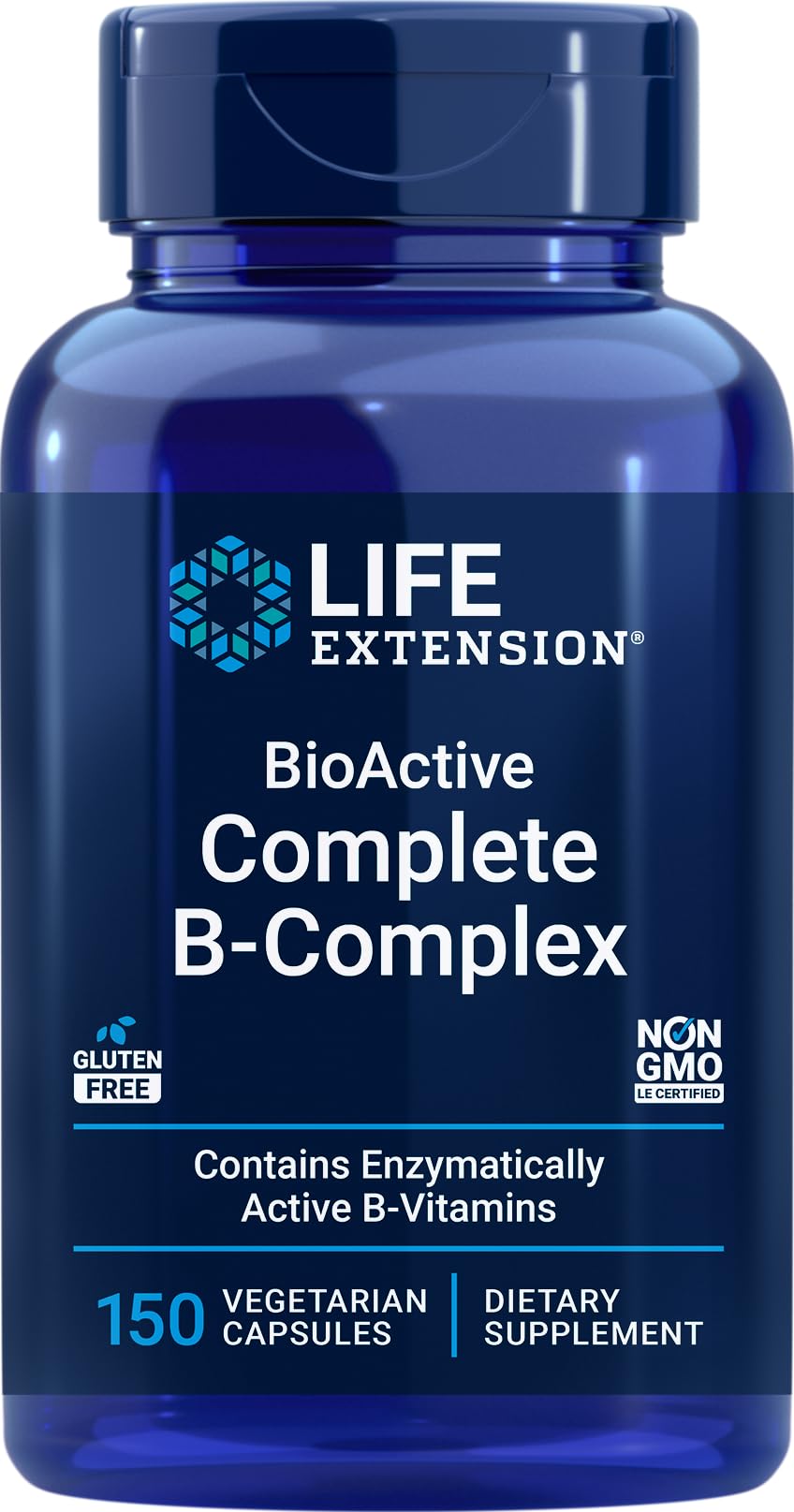 Life Extension BioActive Complete B-Complex bottle front for daily energy support.
