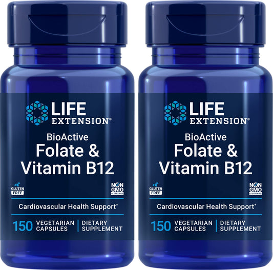 Life Extension BioActive Folate B12 bottle front showing label and key features