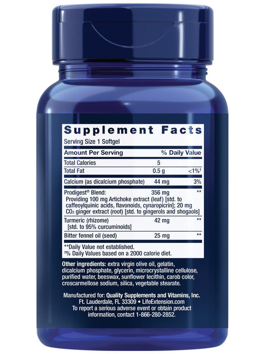 Life Extension Bloat Relief bottle back shows COA and gluten-free, non-GMO assurances.