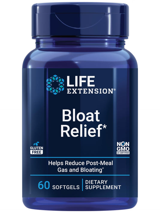 Life Extension Bloat Relief bottle front view for post-meal digestive comfort.