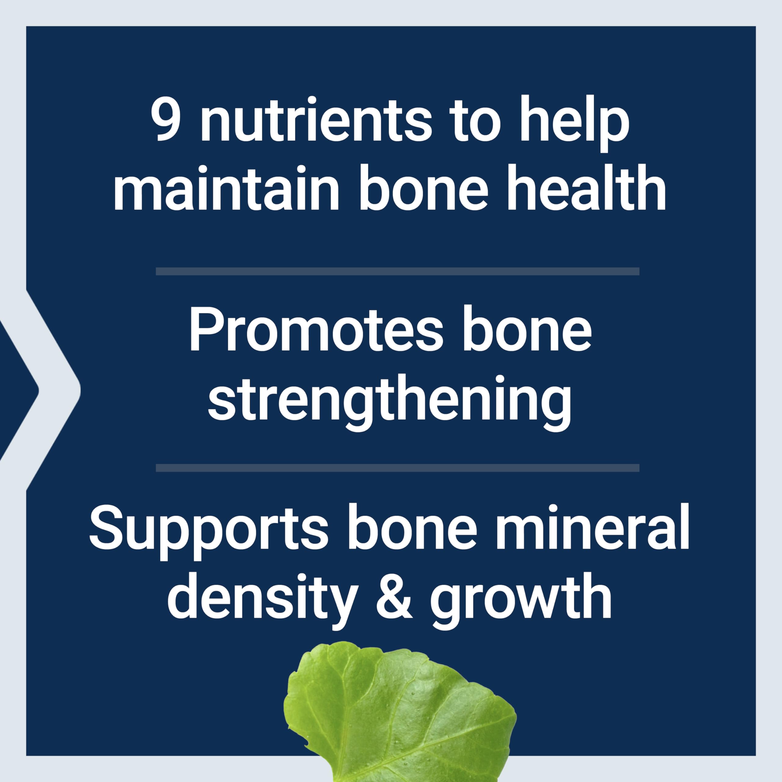 Calcium, D3, and K2 components emphasized for supporting bone health