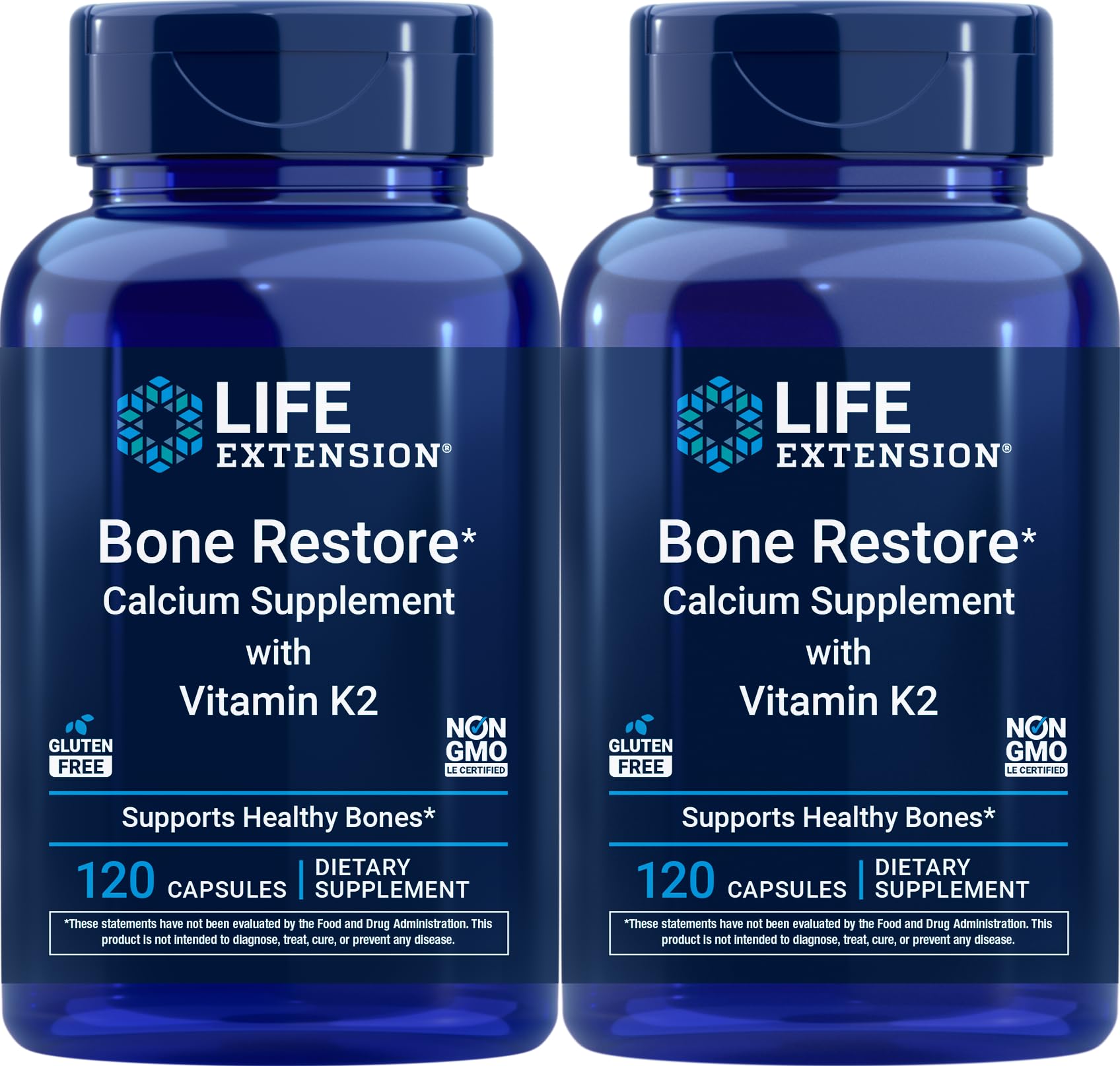 Life Extension Bone Restore bottle with calcium and K2 for bone support.