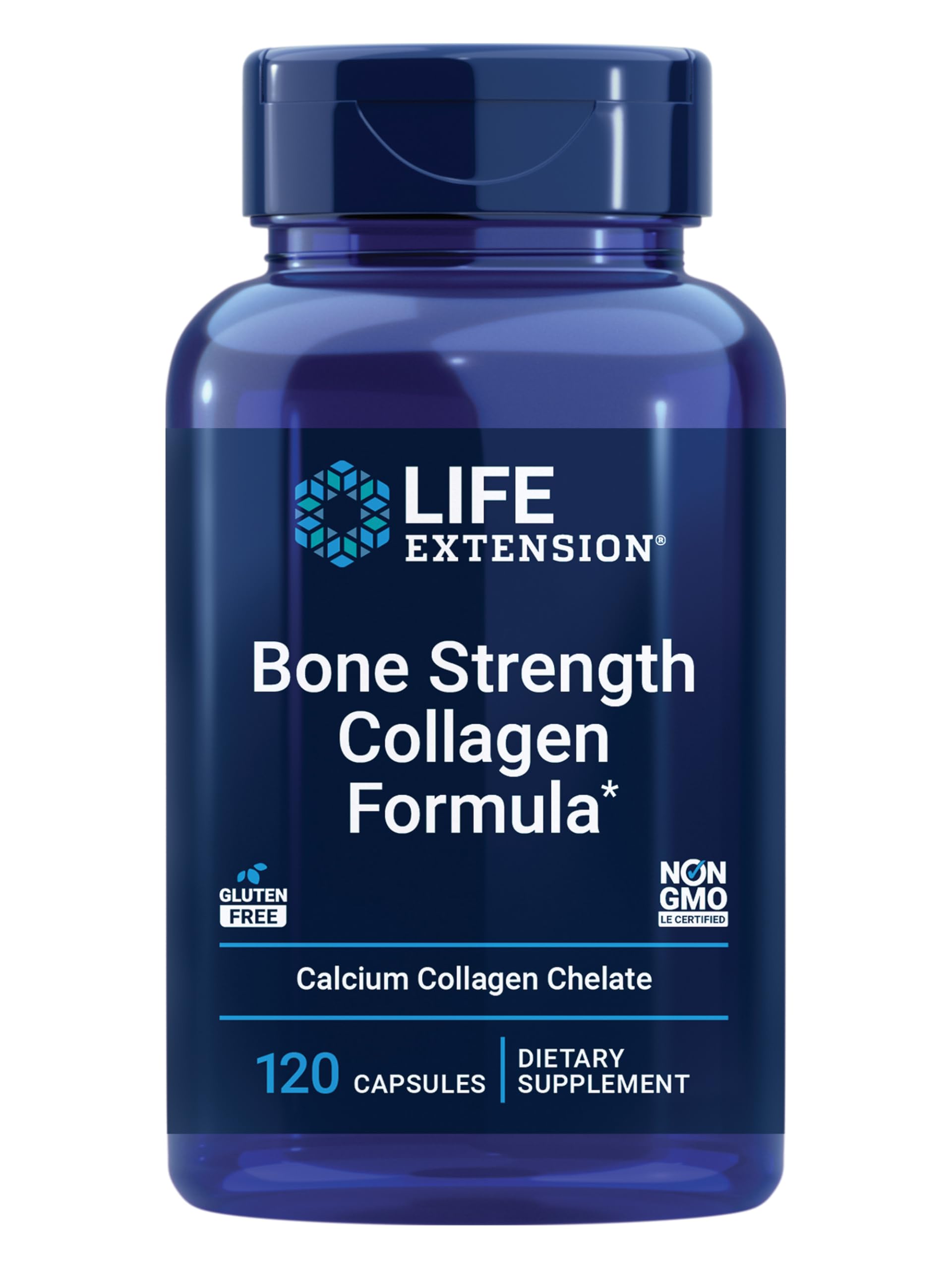 Life Extension Bone Strength Collagen Formula bottle on a counter, suggesting daily bone health support.