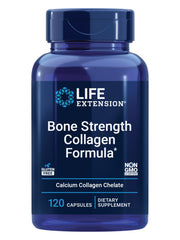 Life Extension Bone Strength Collagen Formula bottle on a counter, suggesting daily bone health support.