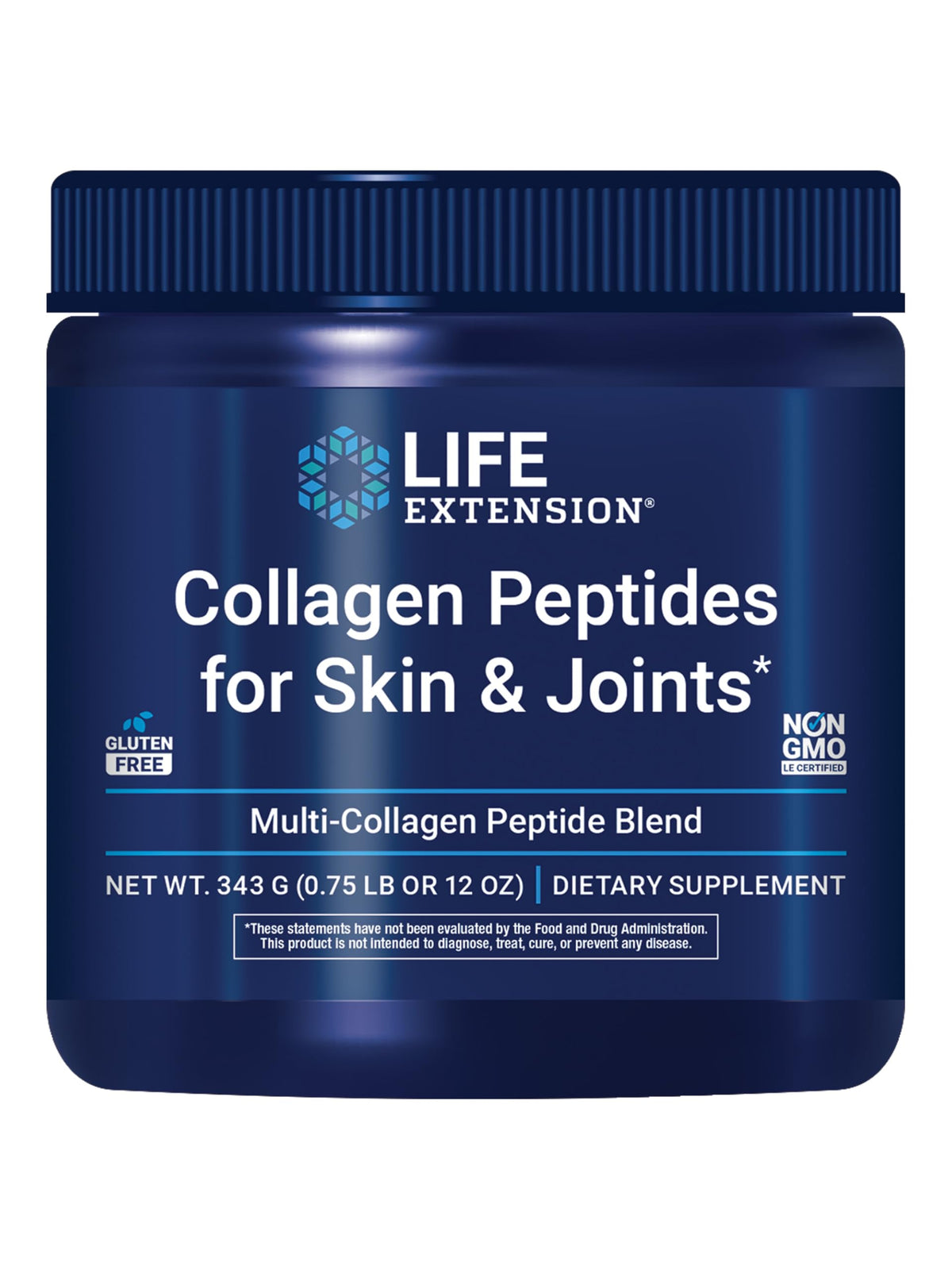 Life Extension Collagen Peptides bottle with gluten-free and non-GMO badges.
