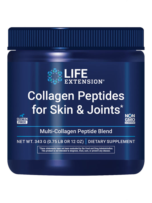 Life Extension Collagen Peptides bottle with gluten-free and non-GMO badges.