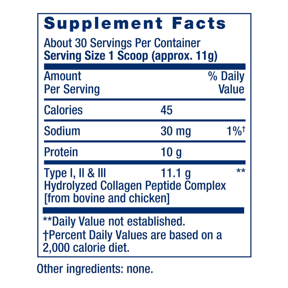 Life Extension Collagen Peptides fine powder with measuring scoop for daily use.