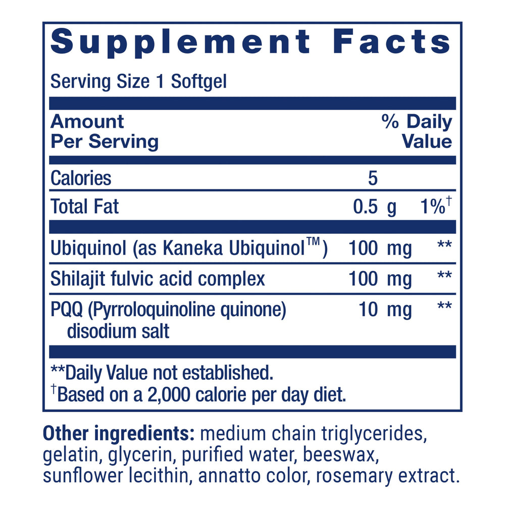 Life Extension CoQ10 PQQ label closeup highlights premium ingredients and USA manufacturing.