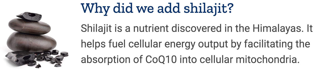 Life Extension CoQ10 with shilajit label emphasizing enhanced mitochondrial support