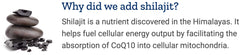 Life Extension CoQ10 with shilajit label emphasizing enhanced mitochondrial support