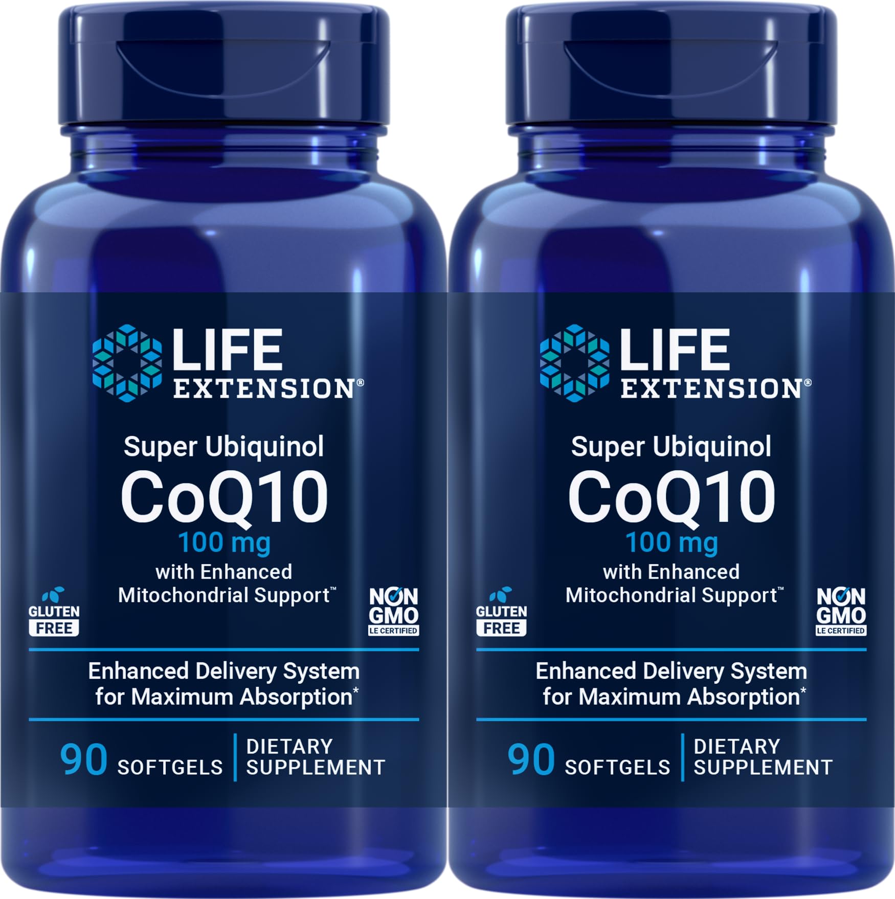 Life Extension CoQ10 Super Ubiquinol 100 mg bottle close-up highlighting high absorption