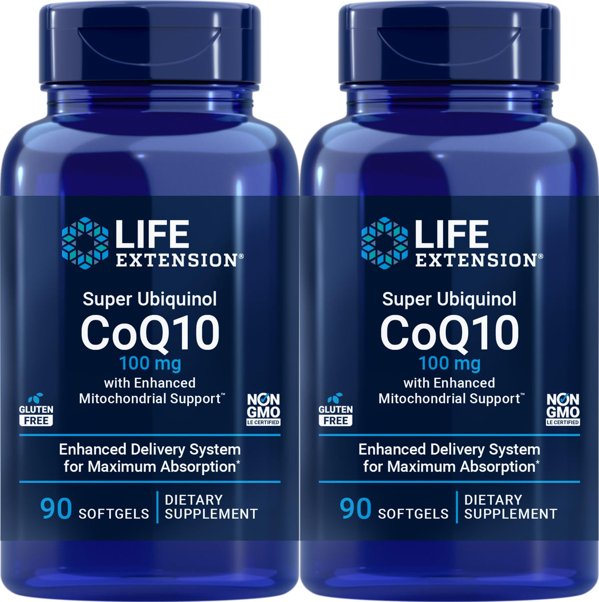 Life Extension CoQ10 Super Ubiquinol 100 mg bottle close-up highlighting high absorption