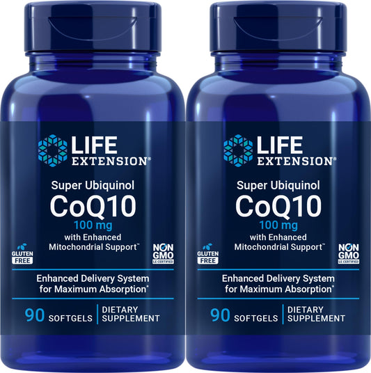 Life Extension CoQ10 Super Ubiquinol 100 mg bottle close-up highlighting high absorption