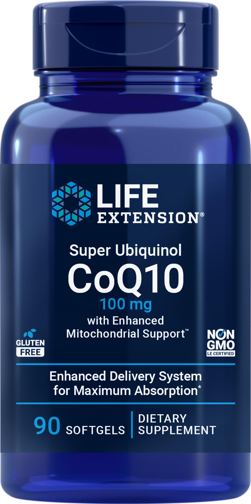 Life Extension CoQ10 Super Ubiquinol bottle front view highlighting potency and energy support