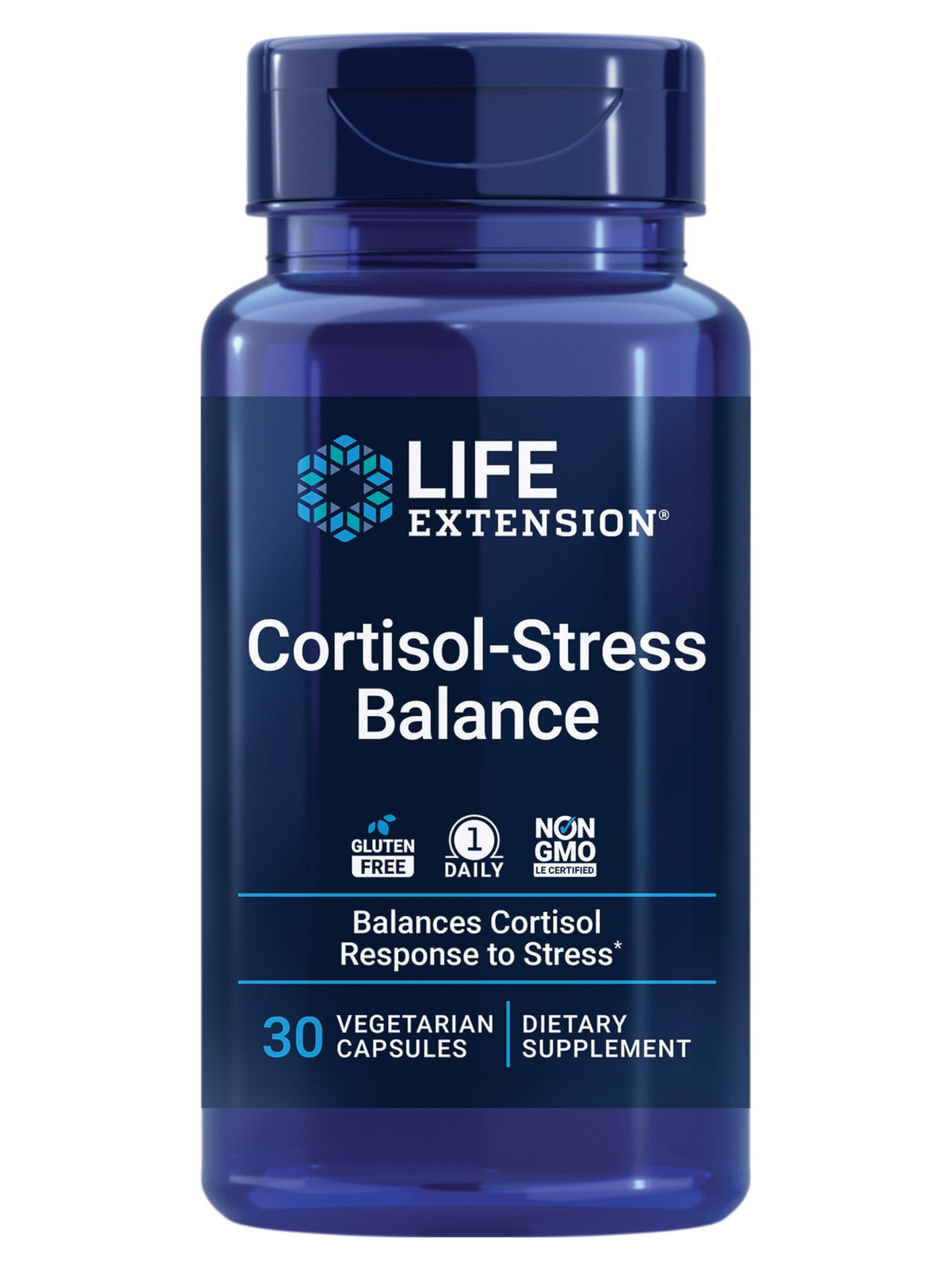 Life Extension Cortisol-Stress Balance bottle showing daily stress support formula