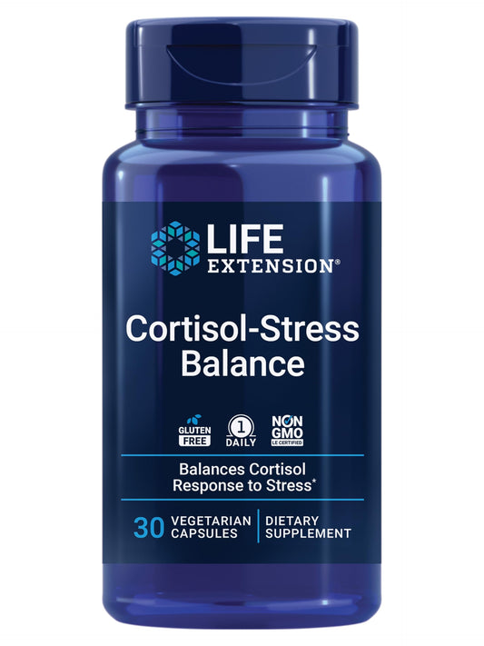 Life Extension Cortisol-Stress Balance bottle showing daily stress support formula