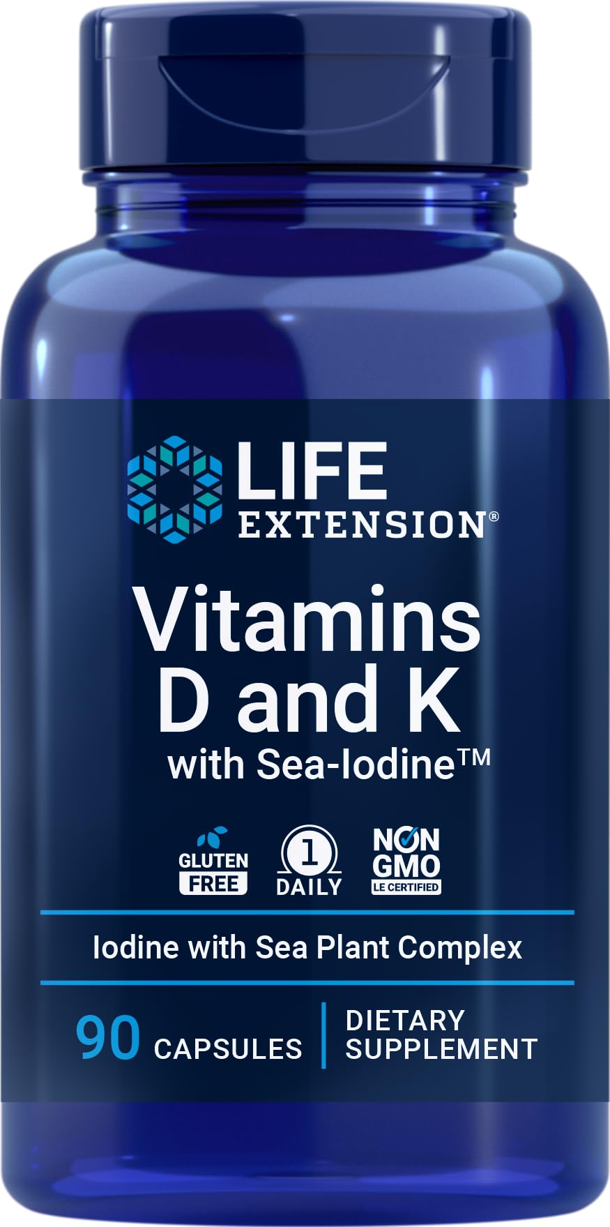 Life Extension D and K with Sea-Iodine bottle shown for daily supplementation.