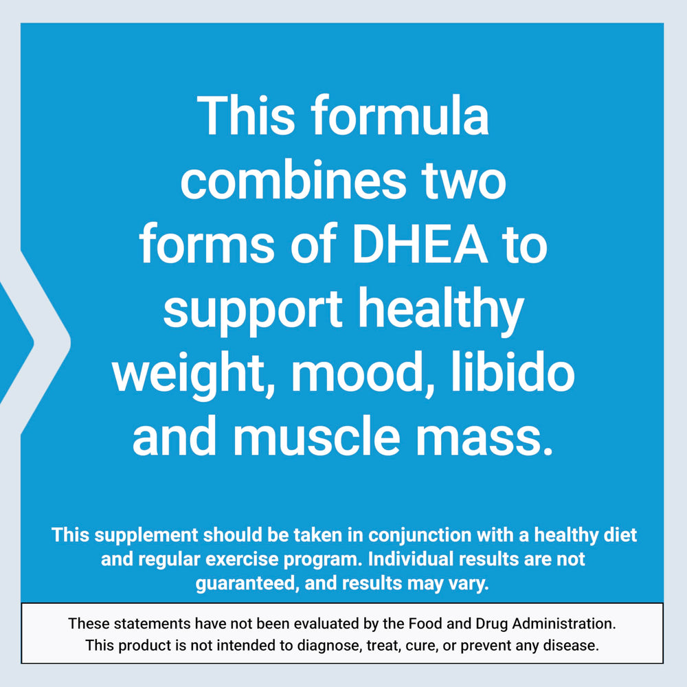 Non-GMO and gluten-free badge on DHEA packaging.