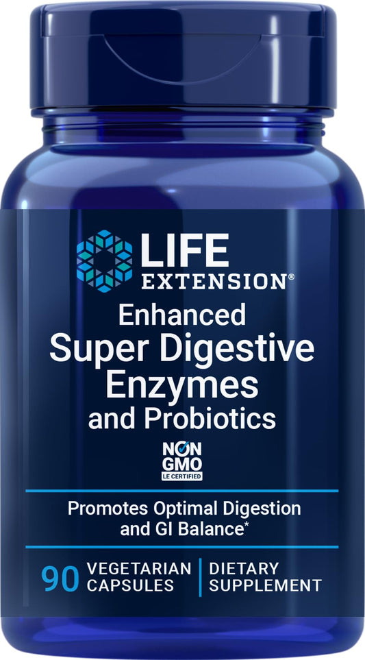 Life Extension Enhanced Super Digestive Enzymes bottle with vegetarian capsules for easier meals.