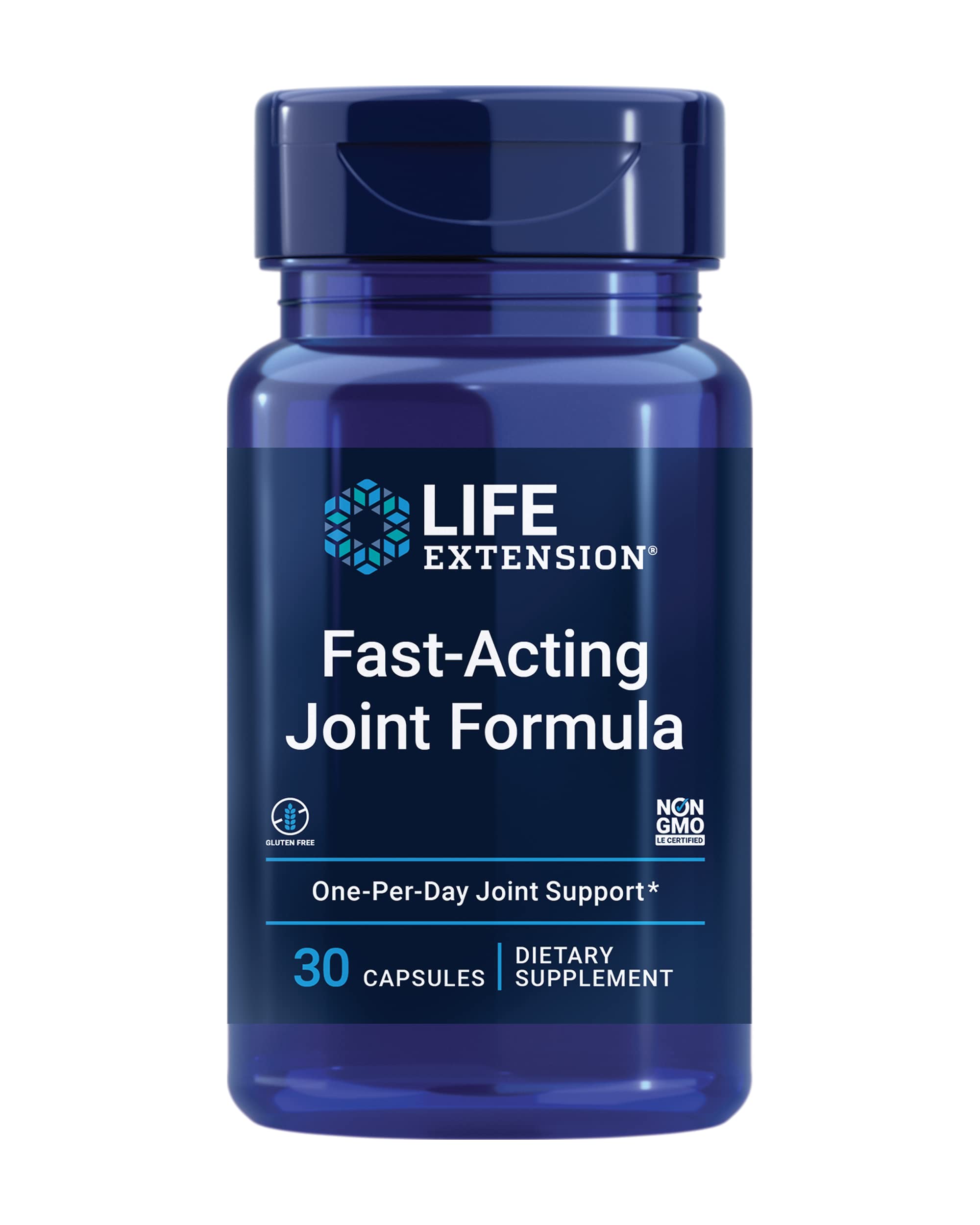 Life Extension Fast-Acting Joint Formula bottle highlights keratin support for healthier joint tissue and comfort.