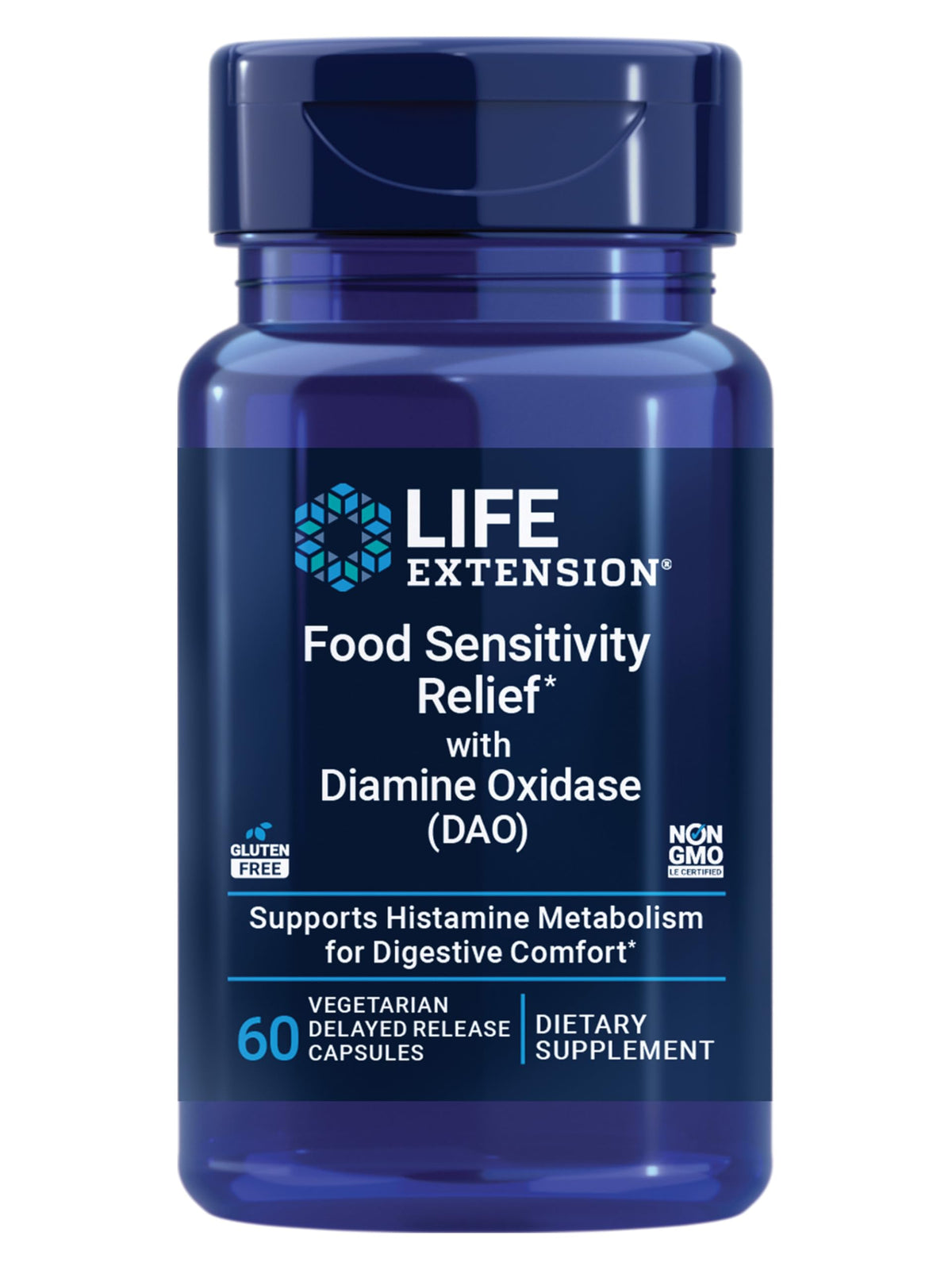 Life Extension DAO bottle image showing plant-based digestive support after histamine-rich meals