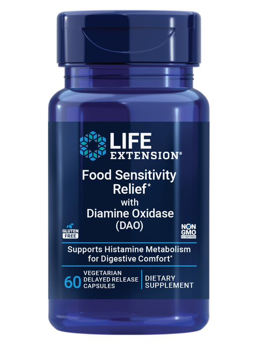 Life Extension DAO bottle image showing plant-based digestive support after histamine-rich meals