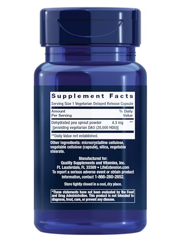 Life Extension DAO capsules close-up highlighting vegetarian, pea-sourced enzyme for histamine metabolism