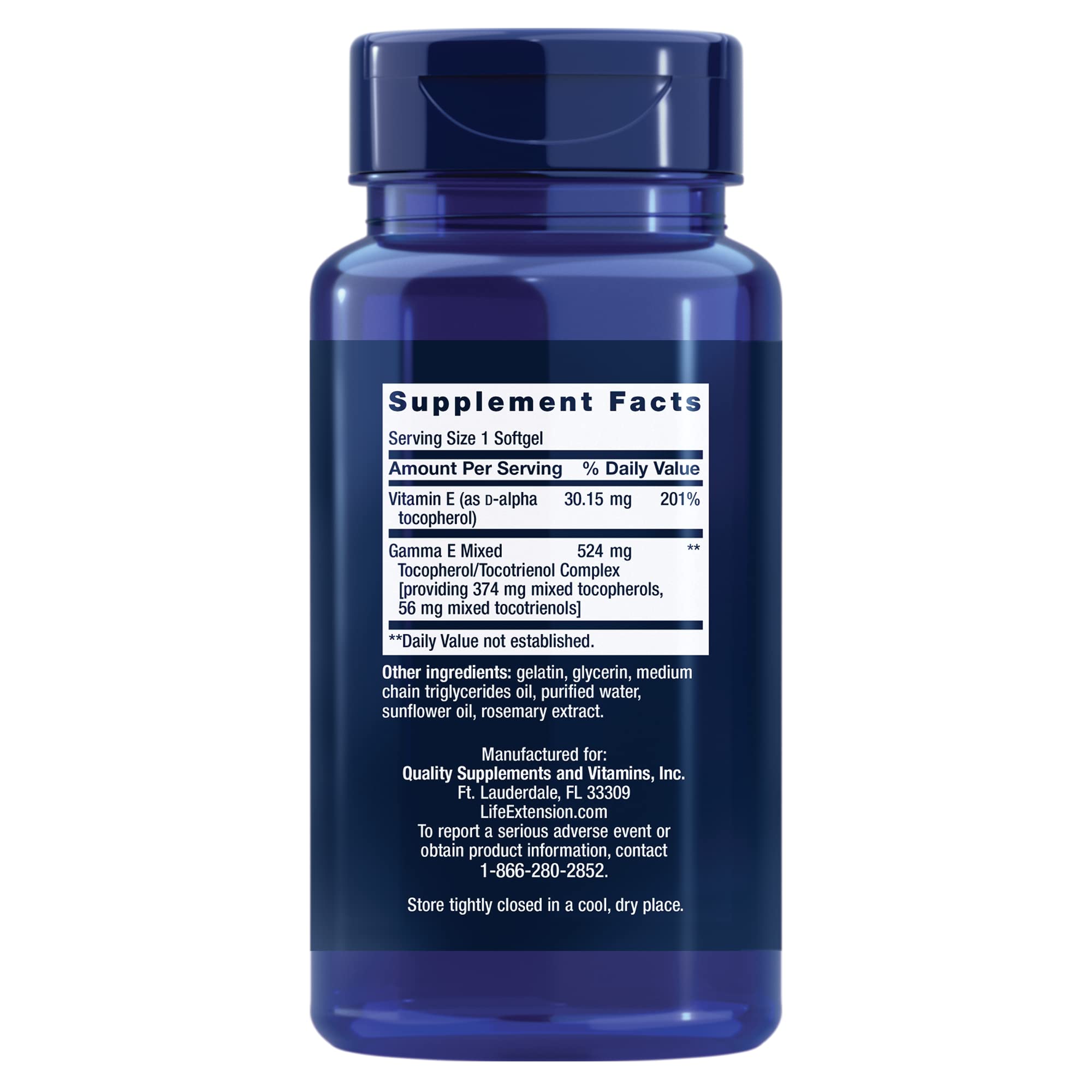 Life Extension Gamma E label shows nutrition facts for comprehensive vitamin E support.