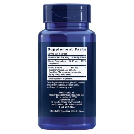Life Extension Gamma E label shows nutrition facts for comprehensive vitamin E support.