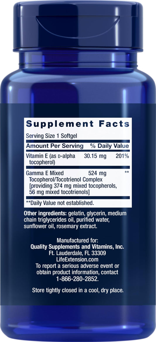 Life Extension Gamma E bottle back highlighting purity and potency of tocopherols and tocotrienols