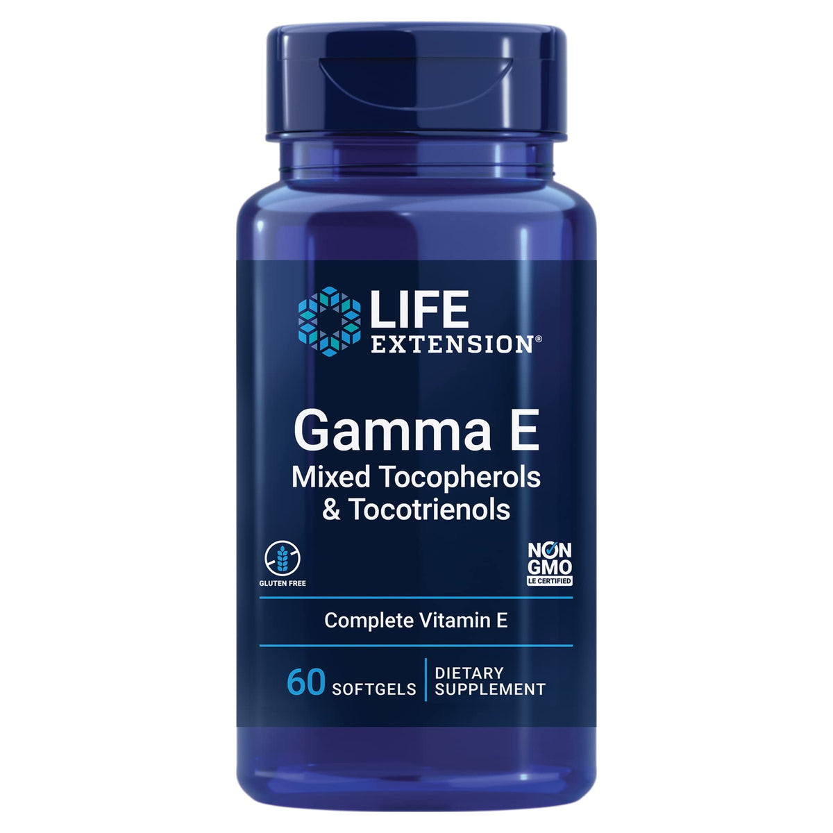 Life Extension Gamma E mixed tocopherols and tocotrienols bottle front demonstrates complete antioxidant spectrum.