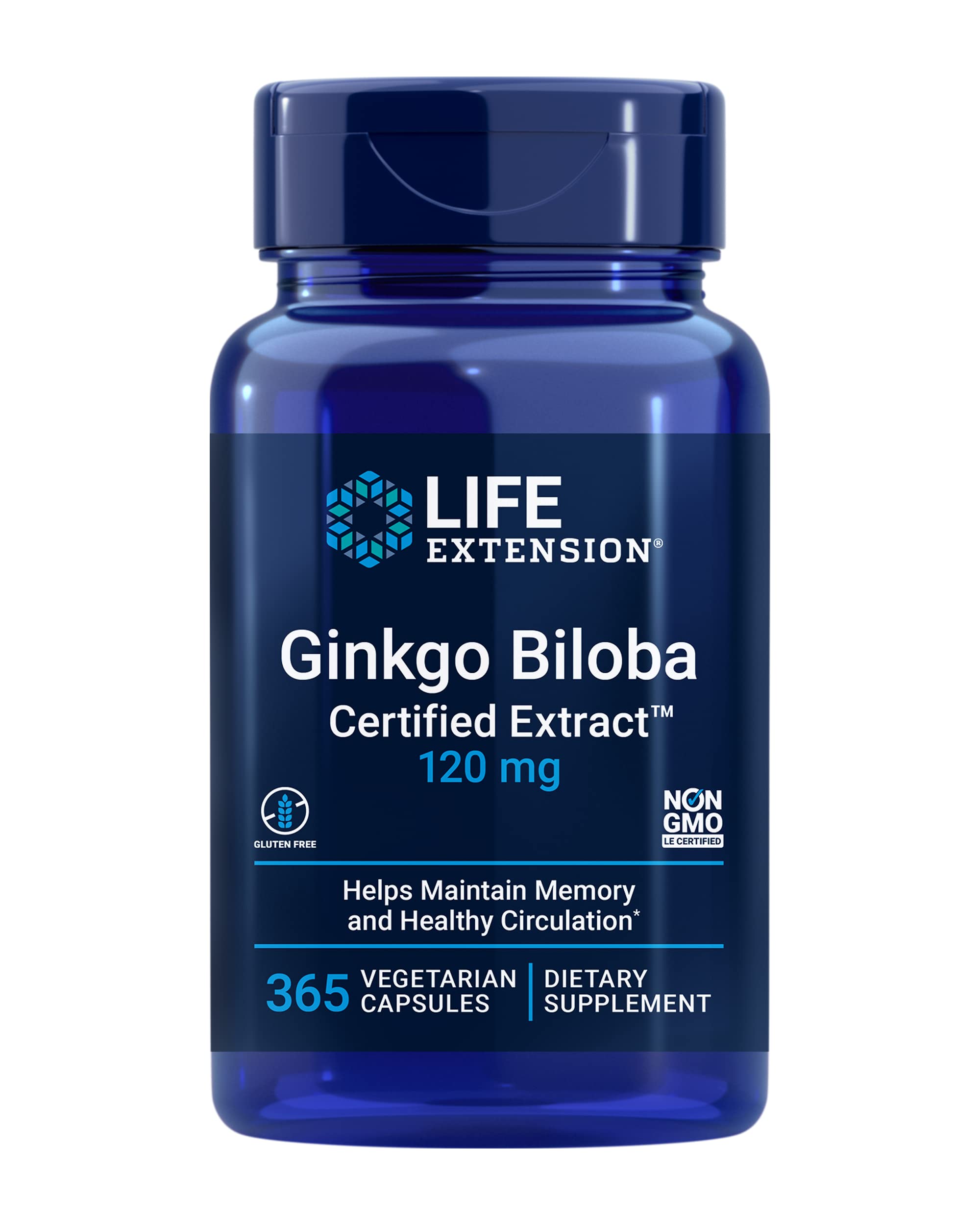 Life Extension Ginkgo Biloba certified extract bottle supports memory and cognitive health.