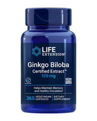 Life Extension Ginkgo Biloba certified extract bottle supports memory and cognitive health.