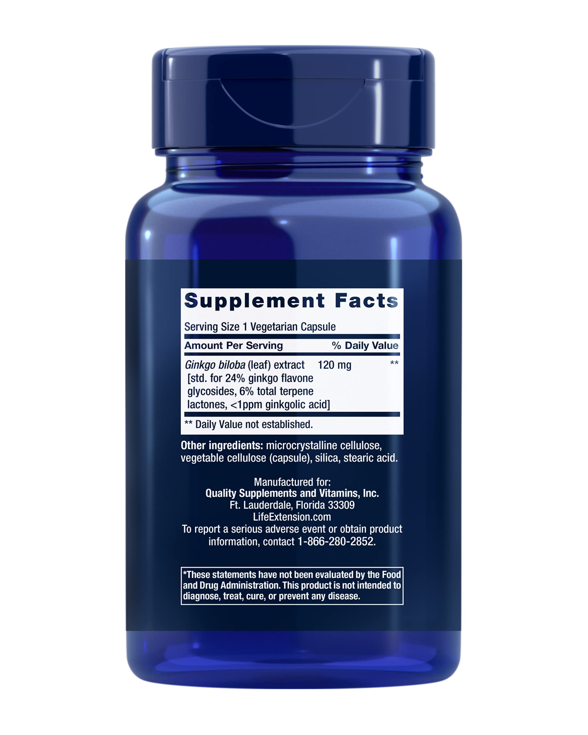 Life Extension Ginkgo Biloba label close-up showing standardized bioactives for cognition.