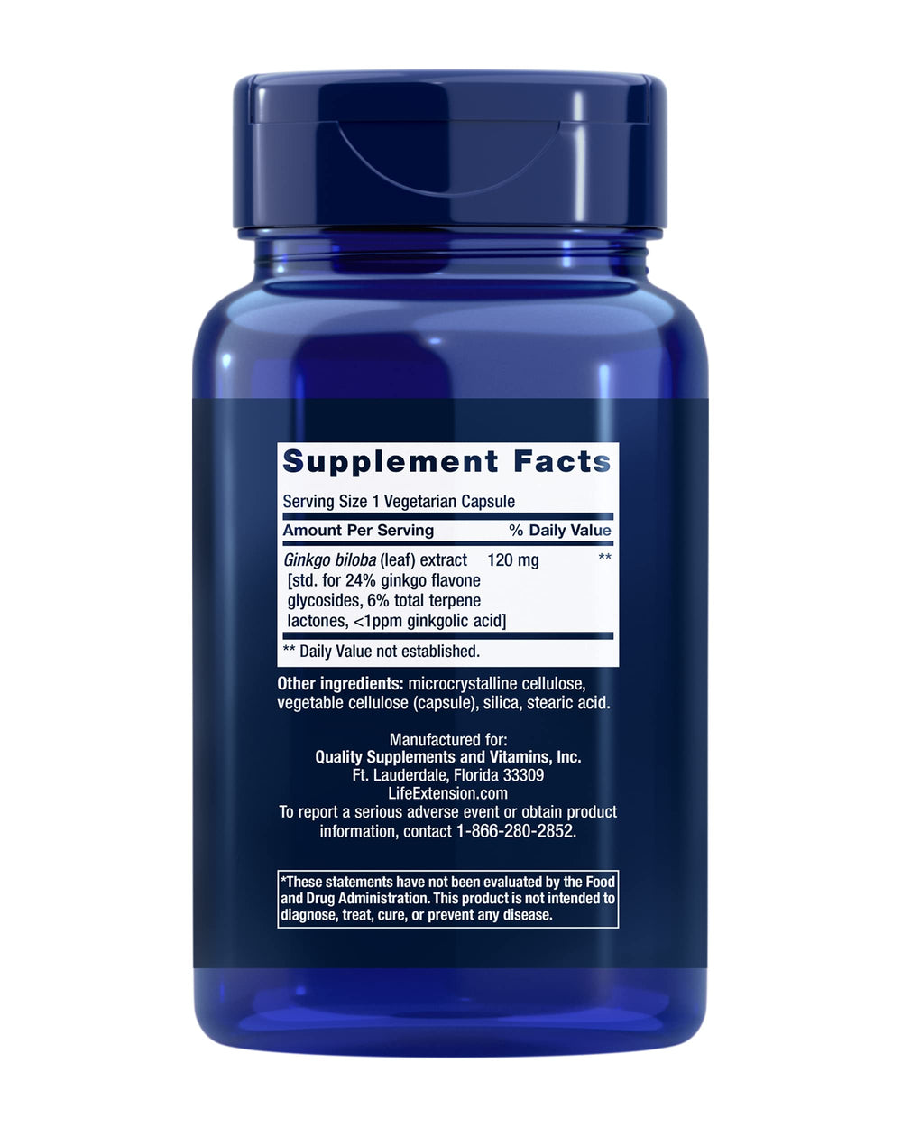 Life Extension Ginkgo Biloba label close-up showing standardized bioactives for cognition.