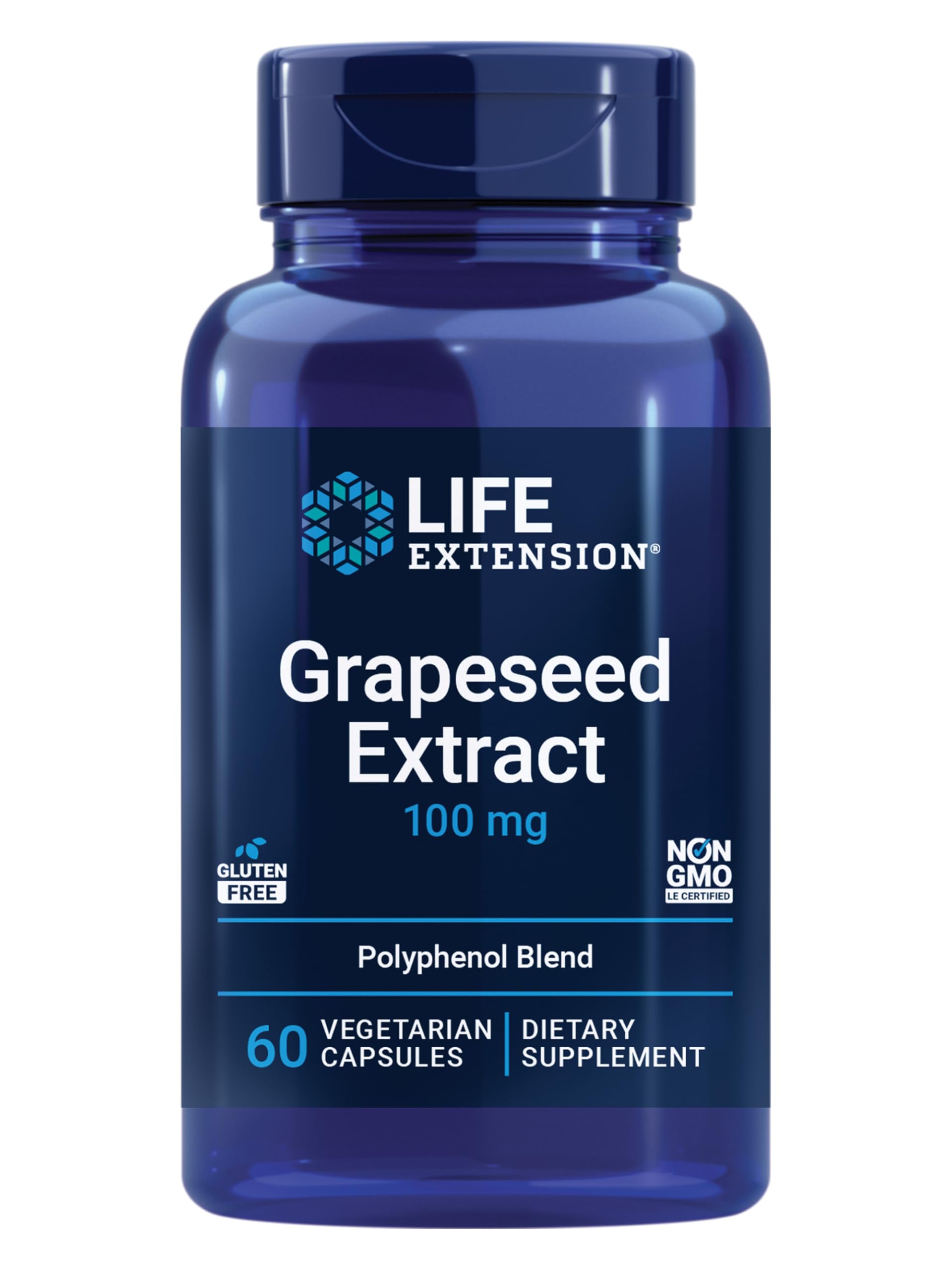 Life Extension Grapeseed Extract bottle with capsules for cardiovascular support.