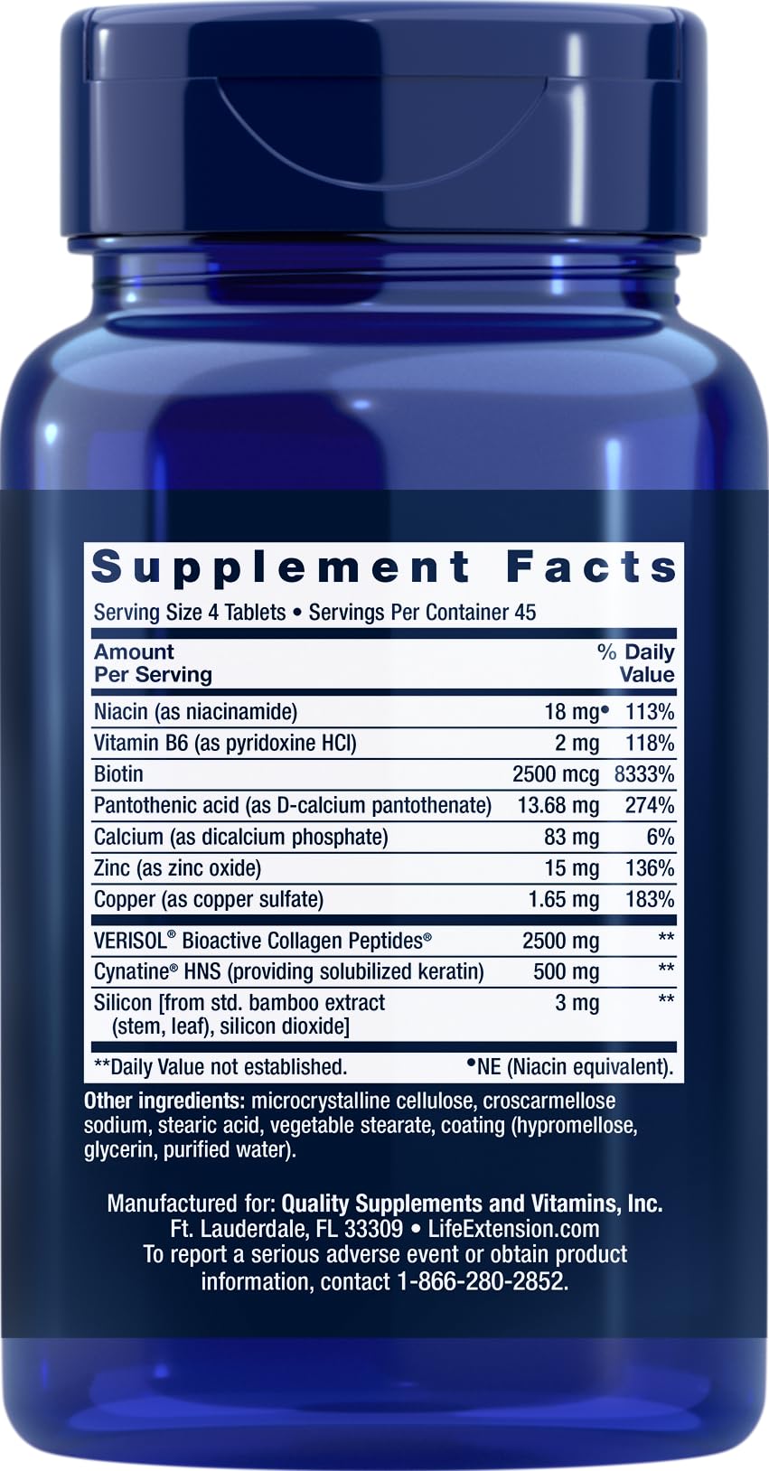 Close-up of Life Extension Collagen Plus tablets highlighting the bioactive formula for hair and skin