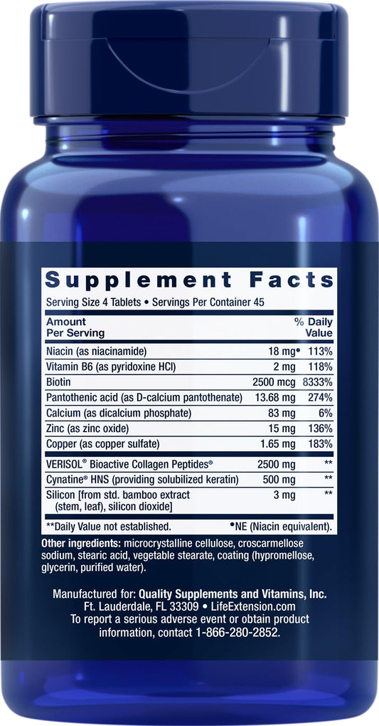 Close-up of Life Extension Collagen Plus tablets highlighting the bioactive formula for hair and skin