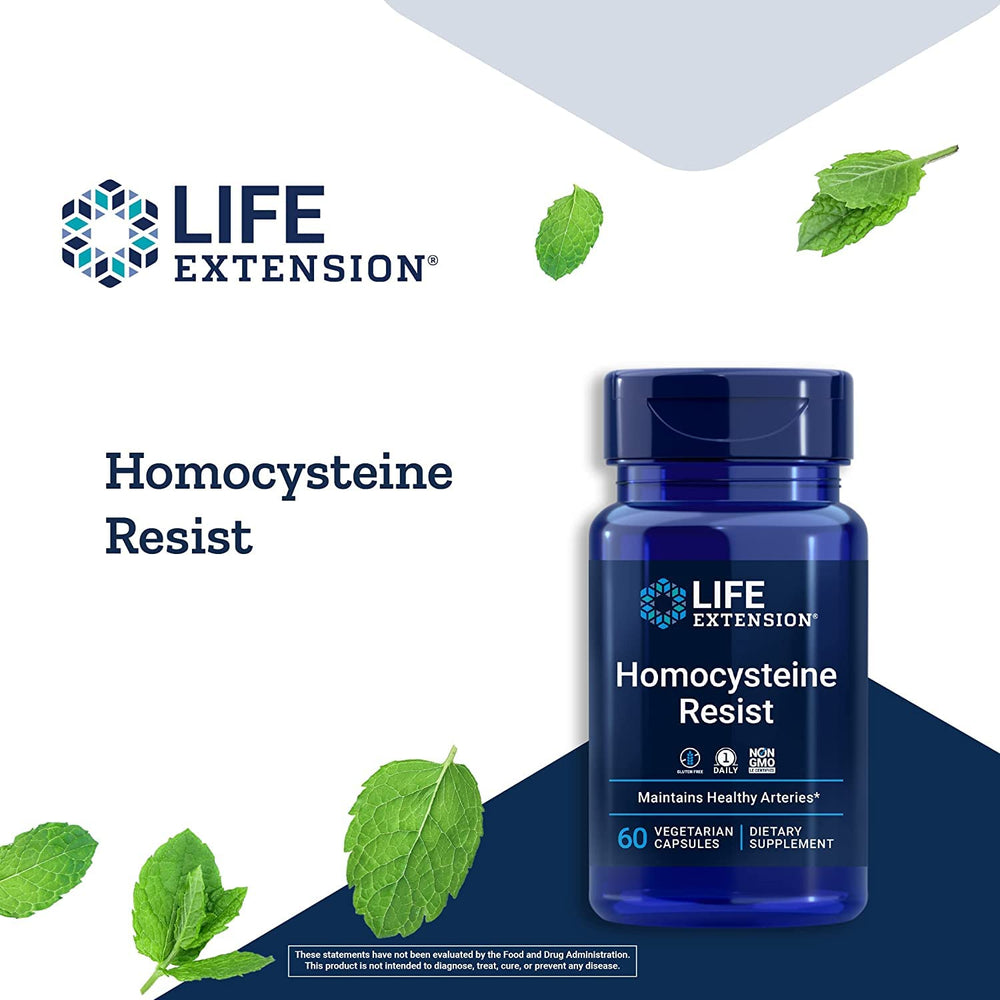 Life Extension Homocysteine Resist label packaging highlights non-GMO gluten-free notes