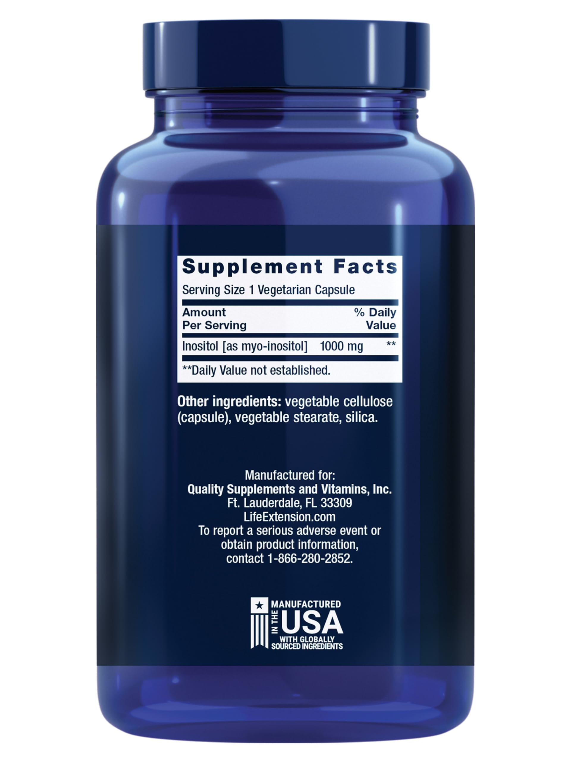 Life Extension Inositol Caps label close-up highlighting purity and quality.