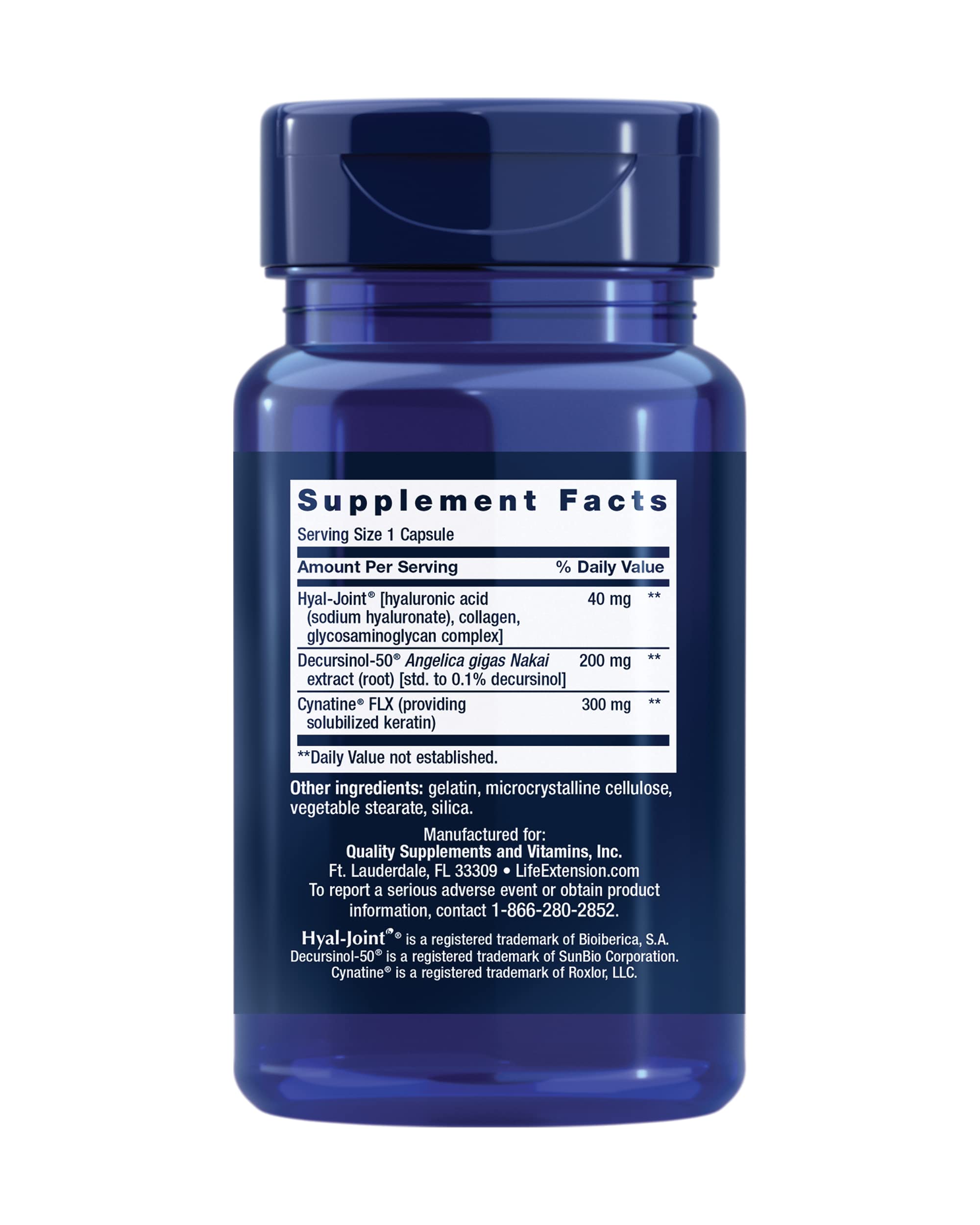 Life Extension keratin joint formula ingredients image emphasizes anti-inflammatory and tissue-supporting benefits.