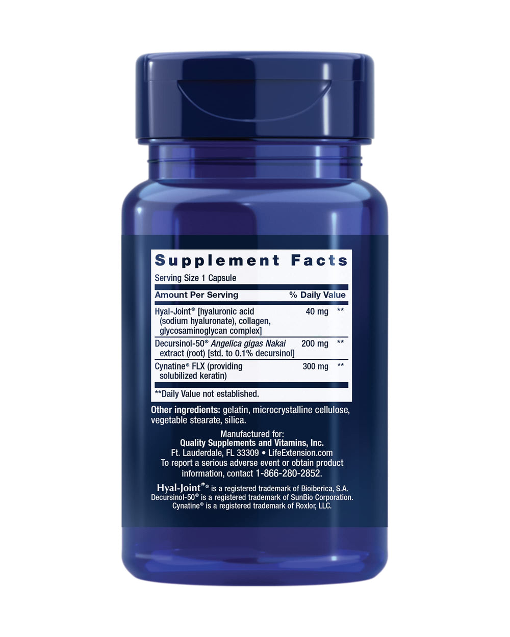 Life Extension keratin joint formula ingredients image emphasizes anti-inflammatory and tissue-supporting benefits.