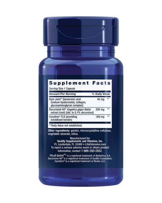 Life Extension keratin joint formula ingredients image emphasizes anti-inflammatory and tissue-supporting benefits.