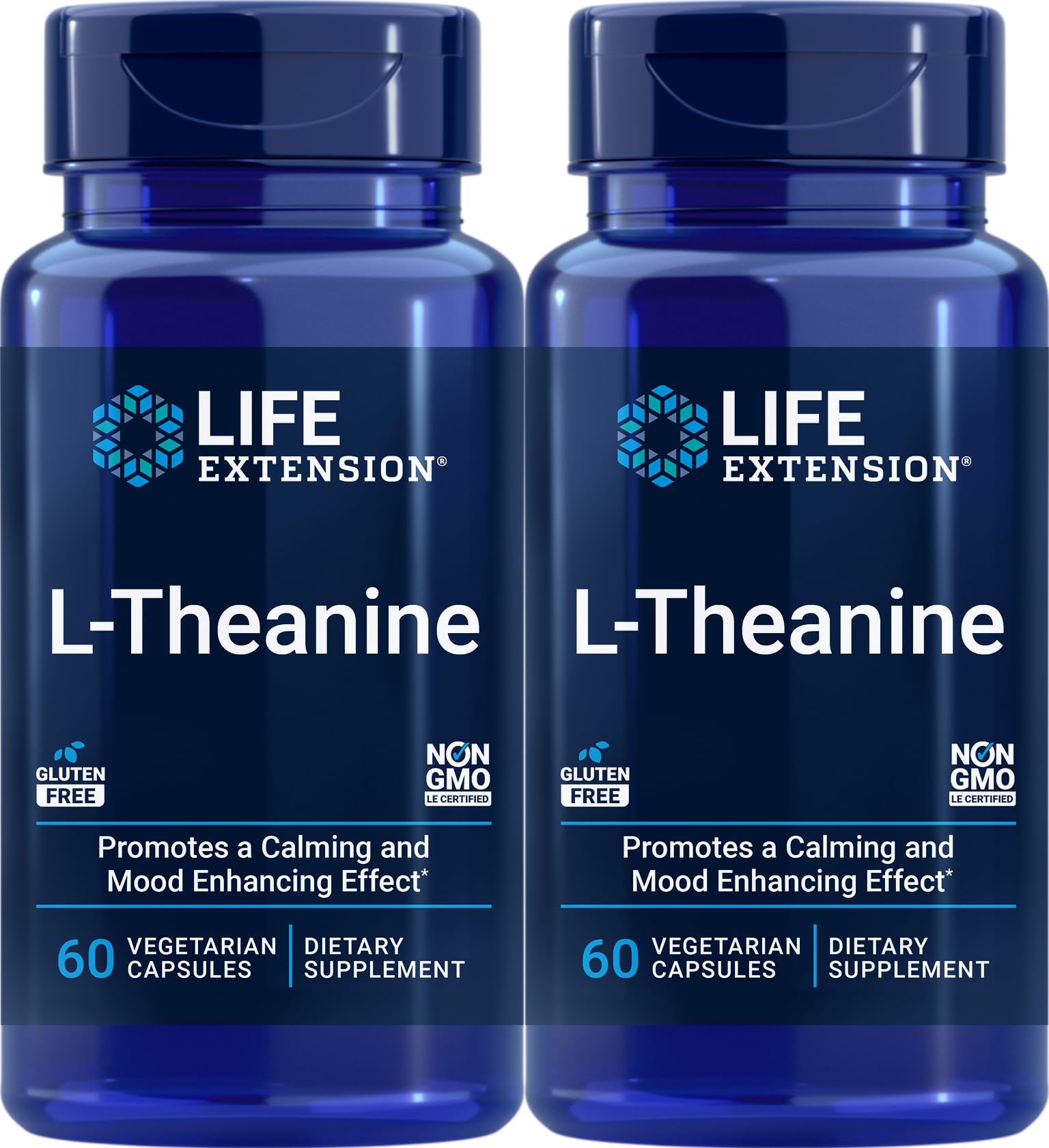 Life Extension L-Theanine bottle and capsules for calm focus during busy days.