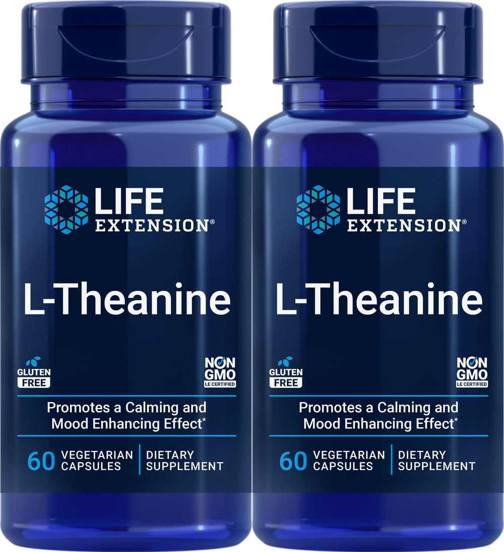 Life Extension L-Theanine bottle and capsules for calm focus during busy days.