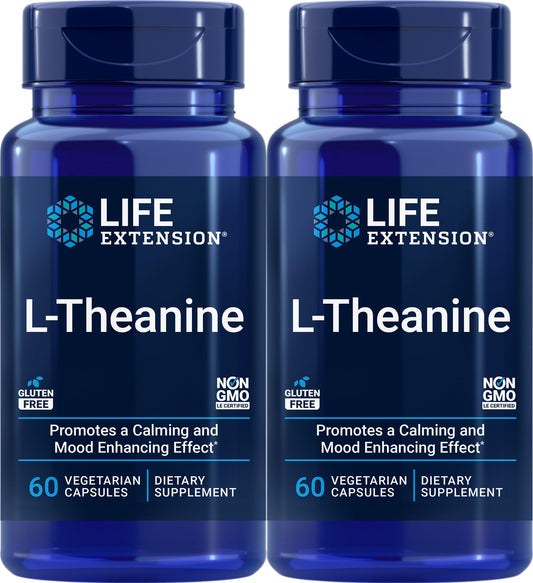 Life Extension L-Theanine bottle and capsules for calm focus during busy days.