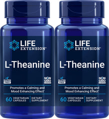 Life Extension L-Theanine bottle and capsules for calm focus during busy days.