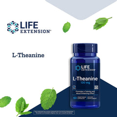 Life Extension L-Theanine capsules shown up close, suggesting gentle relaxation support.